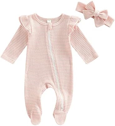 יילוד תינוקת בגדים לפרוע תינוק רדום רוכסן פוט רומפר חליפת משחק עם סרט תלבושת
